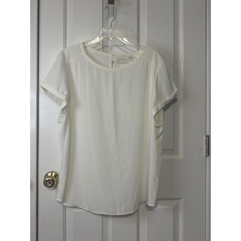 Chicos Ivory White Short Sleeve Keyhole Back Blouse Top Size 3 XL